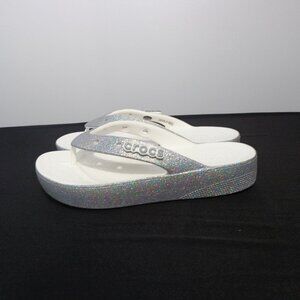 Crocs Women's  Silver Classic Platform Glitter Flip Flop Shoes Sandals Size 7